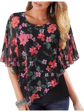 Women's Multicolor Flower Elegant Lightweight Flowy Shirt Double Layered Top